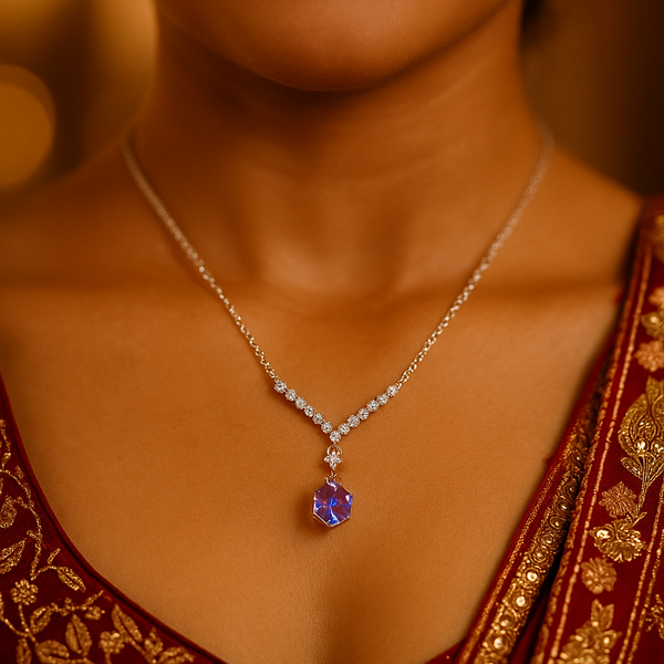 Silver V-Shape CZ Pendant with White Blue Crystal Minimal Neck