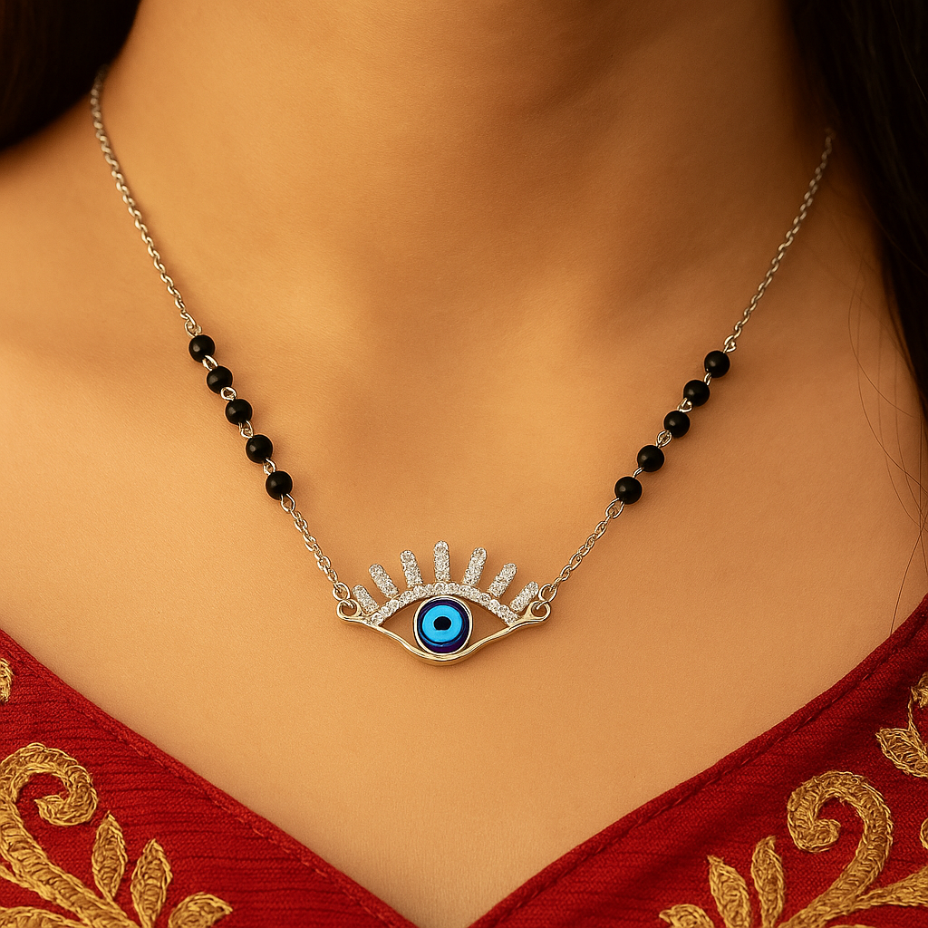 Silver Glimmer Evil Eye Mangalsutra – Rukmi - Main Image