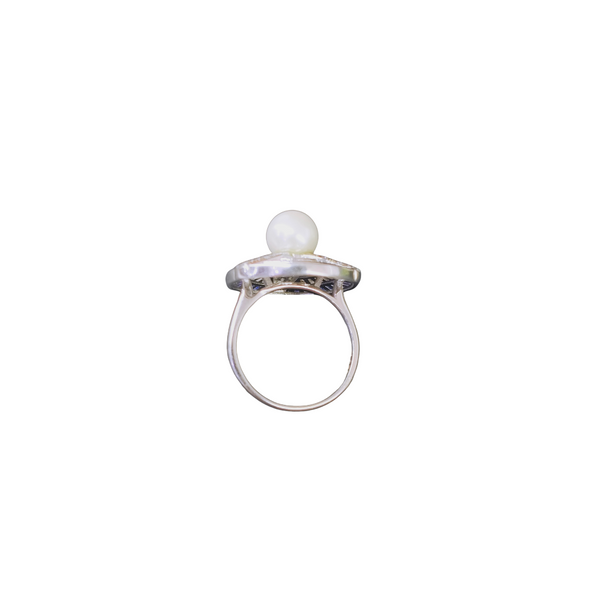 92.5 Sterling Silver Art Deco Pearl & Midnight Blue Statement Ring