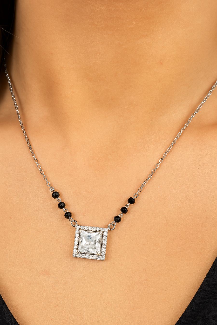 Silver solitaire square  Mangalsutra