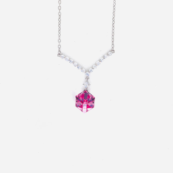 Silver V-Shape CZ Pendant with Red Crystal Minimal Neck