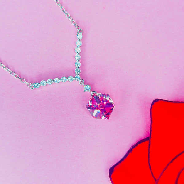 Silver V-Shape CZ Pendant with Red Crystal Minimal Neck