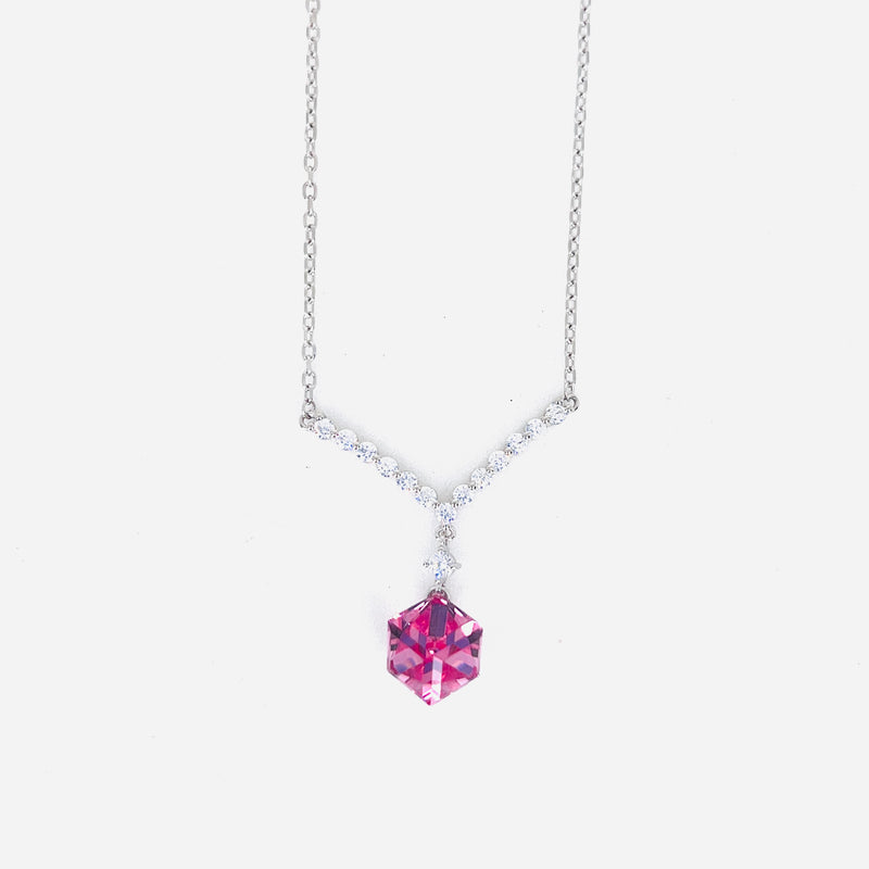 Silver V-Shape CZ Pendant with Red Crystal Minimal Neck