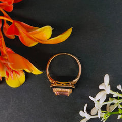 92.5 Rose Gold Art Deco Emerald-Cut Pink Stone & Black Enamel Ring