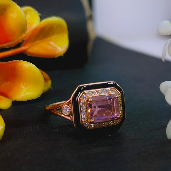 92.5 Rose Gold Art Deco Emerald-Cut Pink Stone & Black Enamel Ring