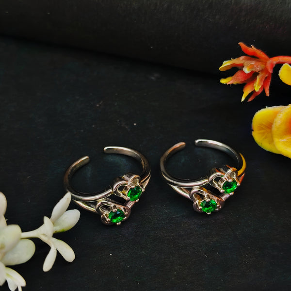 92.5 Sterling Silver Green Stone Floral Toe Rings (Pair)