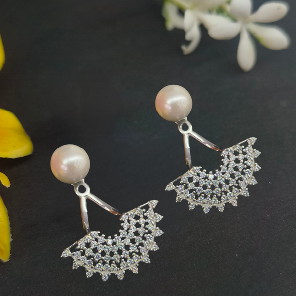 92.5 Sterling Silver Dual-Style Pearl & CZ Fan Jacket Earrings