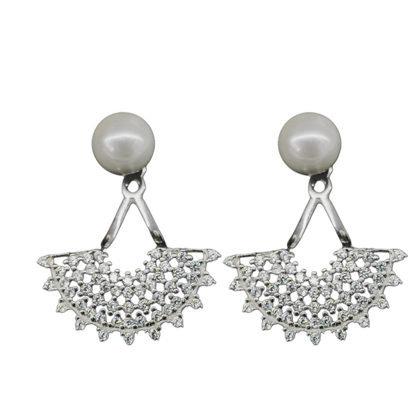 92.5 Sterling Silver Dual-Style Pearl & CZ Fan Jacket Earrings