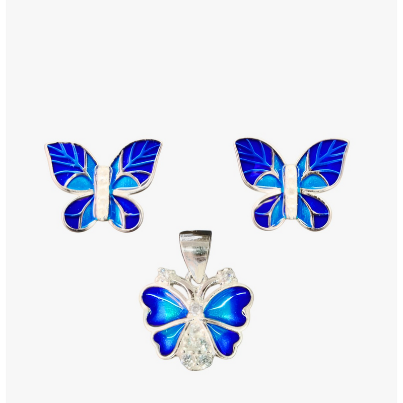 92.5 Sterling Silver Azure Butterfly Enamel Jewelry Set